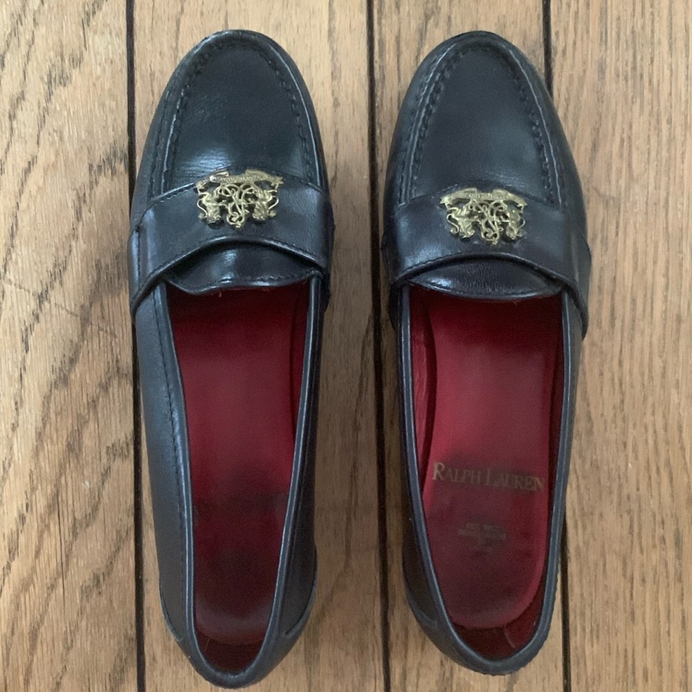 RALPH LAUREN Vtg 80’s Black Leather Loafers Gold Crest Bench Made Maine USA RARE